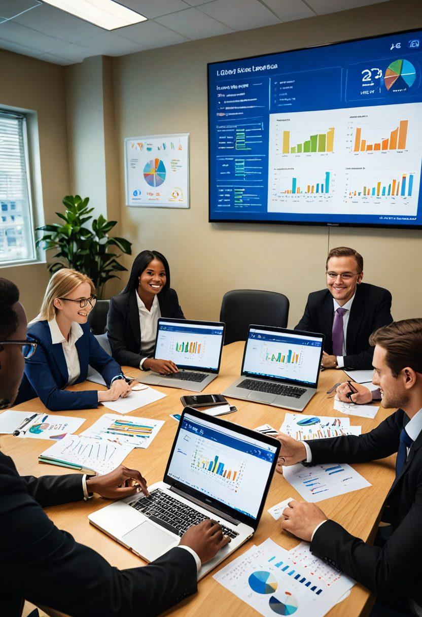 A professional-looking credit union office with diverse team members engaging in a dynamic discussion over financial literacy materials. Include visuals of charts and graphs showcasing credit scores, loans, and budgeting tips on a large screen. The atmosphere should be bright and encouraging, symbolizing knowledge sharing. Incorporate elements like laptops and notepads to emphasize blogging and digital learning. vibrant colors. super-realistic.