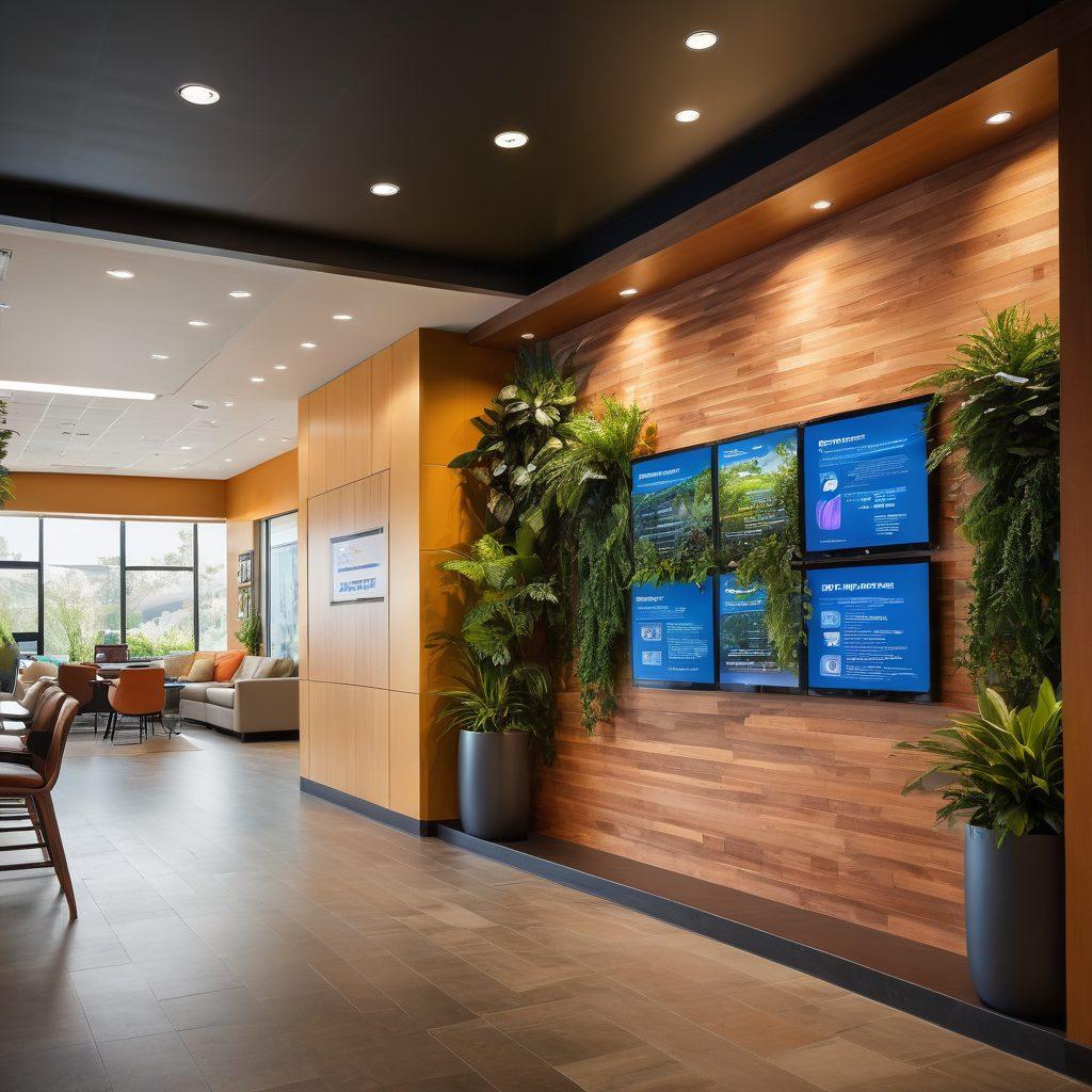 A modern credit union office filled with diverse people engaging with digital financial articles on sleek screens, surrounded by indoor greenery. A warm and inviting atmosphere with an emphasis on collaboration and education, showcasing charts and graphs on the walls illustrating financial growth. Subtle hints of community service and support integrated into the design. super-realistic. vibrant colors. warm lighting.