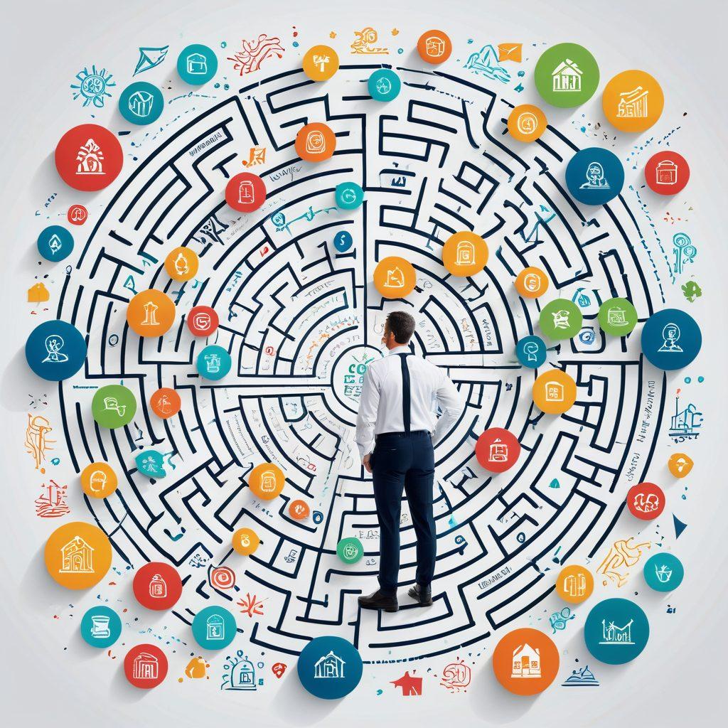 A visually striking representation of a person navigating a maze of financial regulations, surrounded by symbolic icons such as credit unions, blog posts, and financial charts. The atmosphere should convey a sense of guidance and clarity, with arrows pointing towards success. Bright colors and dynamic shapes to ensure a captivating impact. super-realistic. vibrant colors. white background.